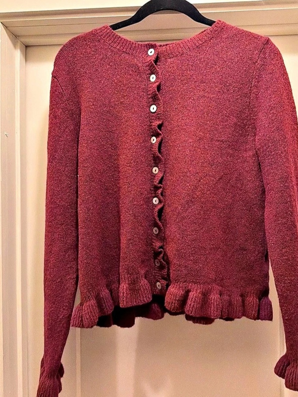Cynthia Rowley Burgundy Ruffle-Hem Button Cardigan Cashmere Medium